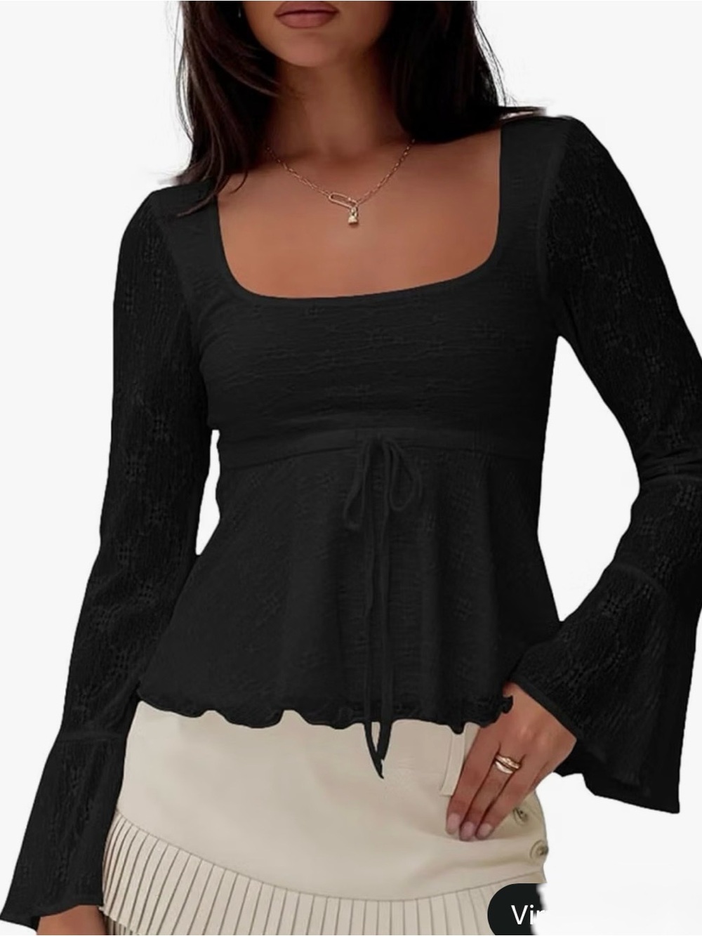 Women’s long sleeve babydoll top Y2k square neck sheer floral lace ruffle top